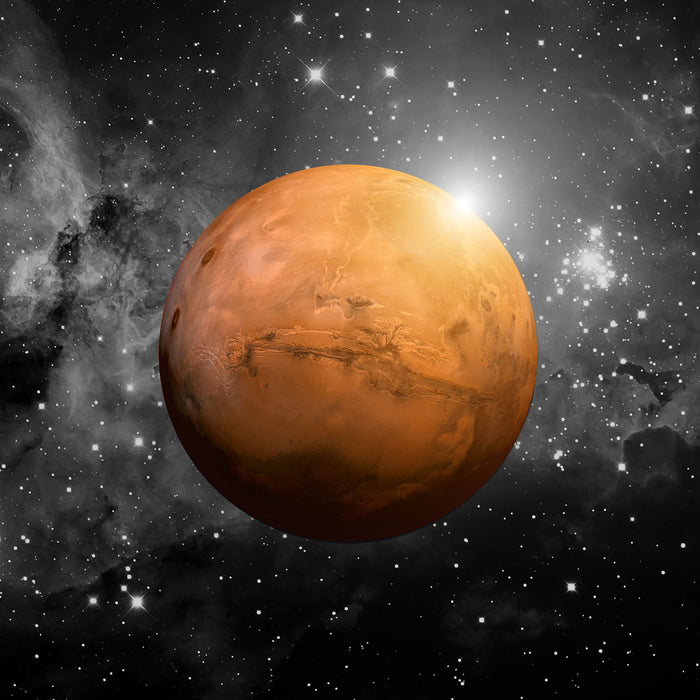 Planet Mars im Universum, Glasbild Quadratisch