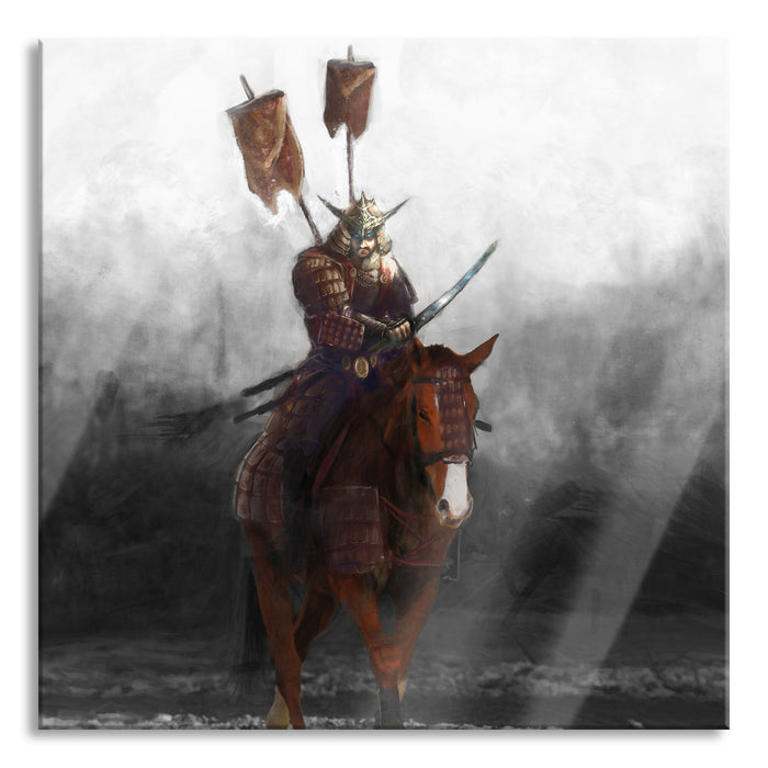 Samurai Krieger auf einem Pferd, Glasbild Quadratisch