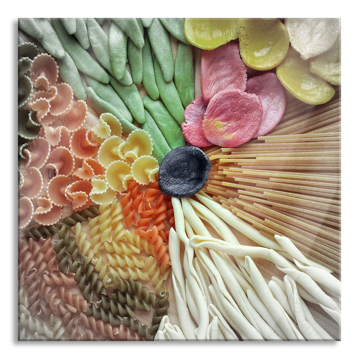 Pixxprint Zusammenstellung von bunten Nudeln, Glasbild Quadratisch