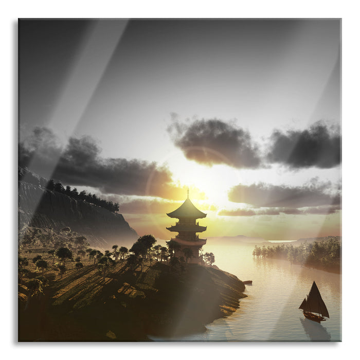 Pixxprint Chinesisches Haus am See, Glasbild Quadratisch