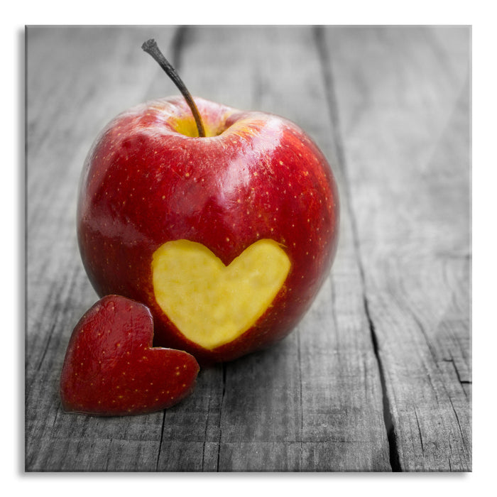 Pixxprint Herzschnitzerei in Apfel, Glasbild Quadratisch
