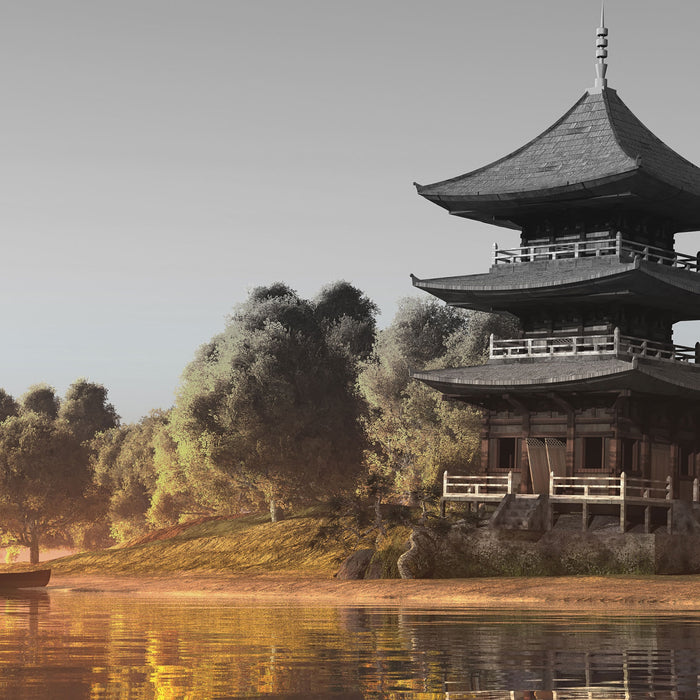 asiatischer Tempel an See, Glasbild Quadratisch