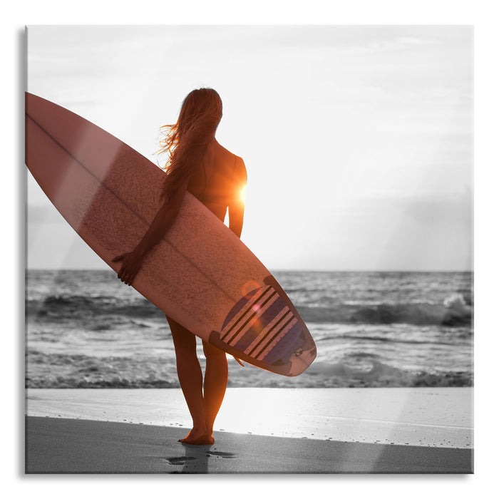 Pixxprint Surferin vor Sonnenuntergang, Glasbild Quadratisch
