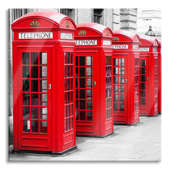 rote Londoner Telefonzellen, Glasbild Quadratisch