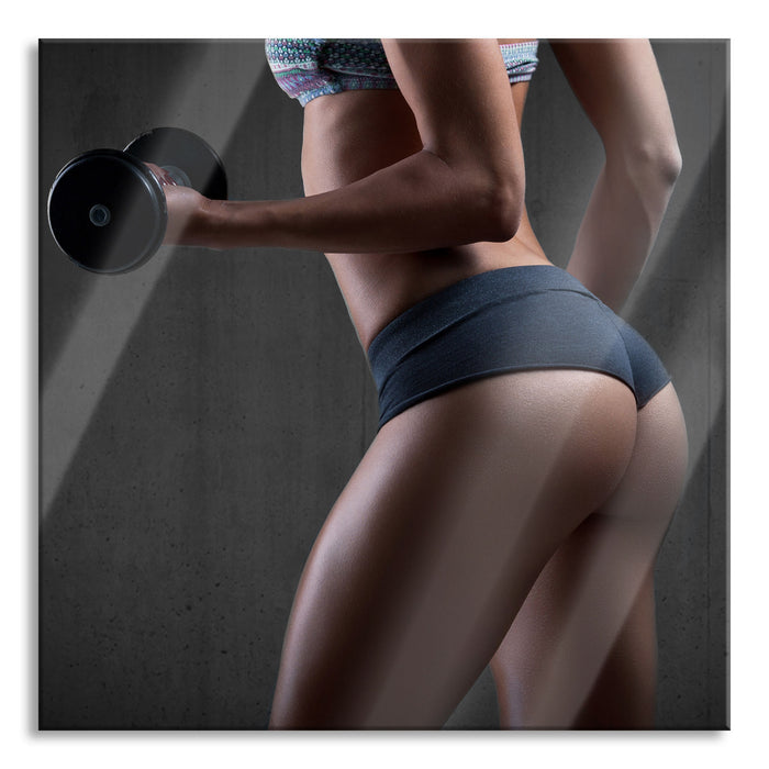 Pixxprint sportliche Frau mit Hanteln, Glasbild Quadratisch