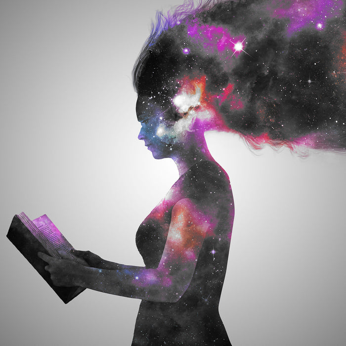 abstrakte Frau mit Buch, Glasbild Quadratisch