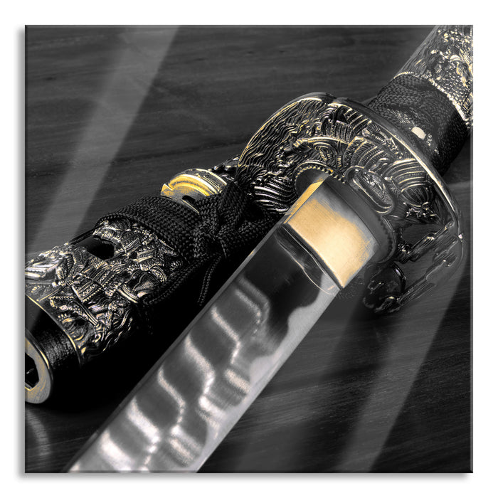 Pixxprint strahlendes Samurai-Schwert, Glasbild Quadratisch