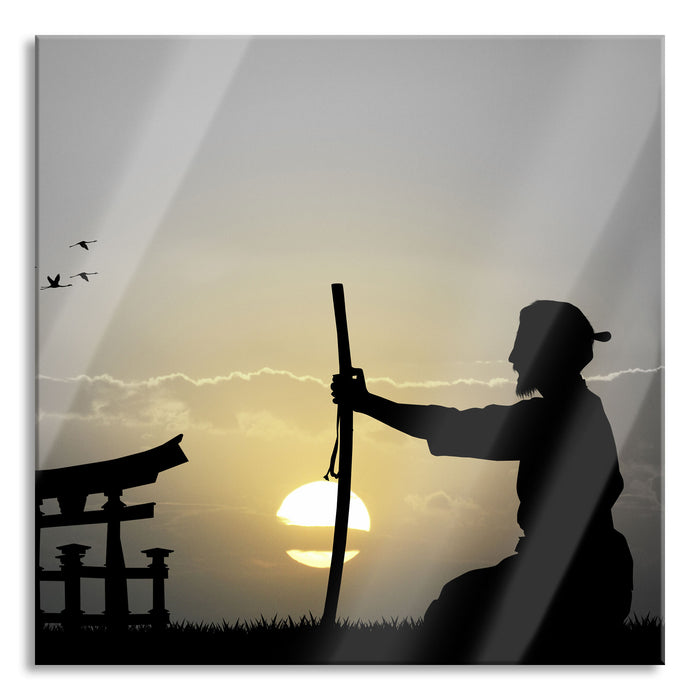 Pixxprint Samurai-Meister vor Horizont, Glasbild Quadratisch