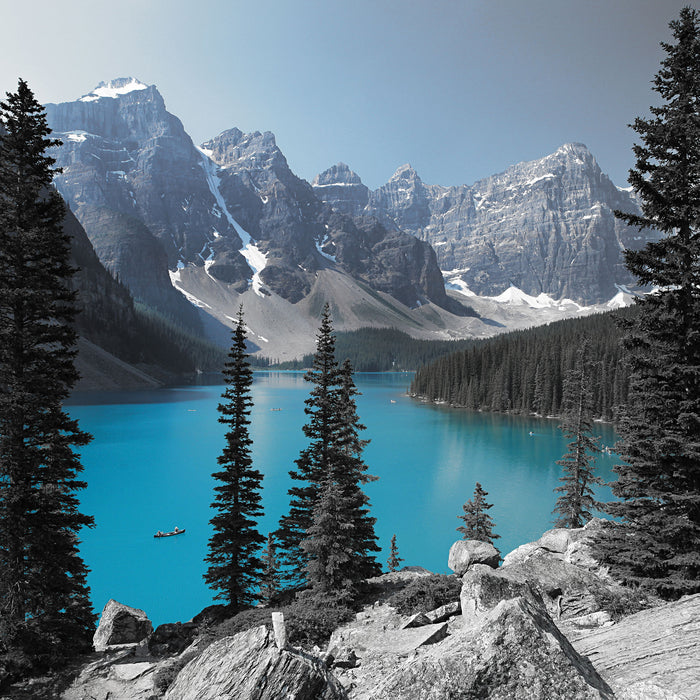 Moraine Lake kanadische Berge, Glasbild Quadratisch