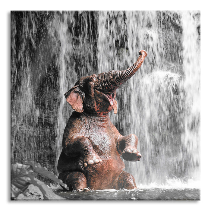 Pixxprint Babyelefant am Wasserfall, Glasbild Quadratisch