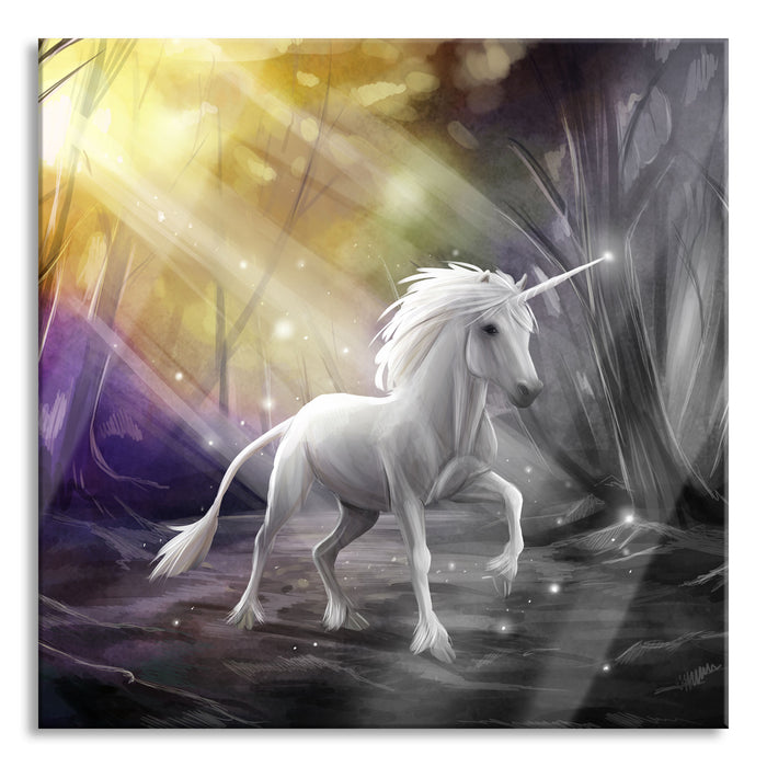 Pixxprint Einhorn im Märchenwald, Glasbild Quadratisch