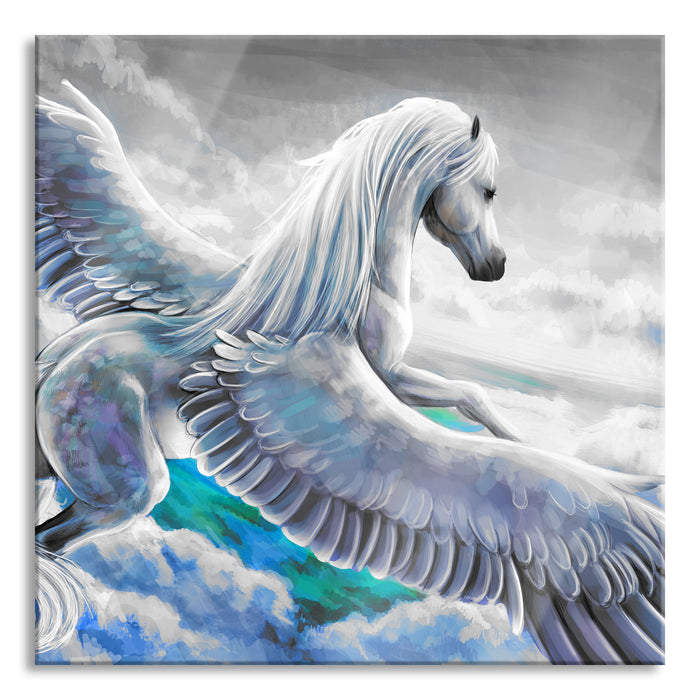 Pegasus fliegt über den Wolken, Glasbild Quadratisch