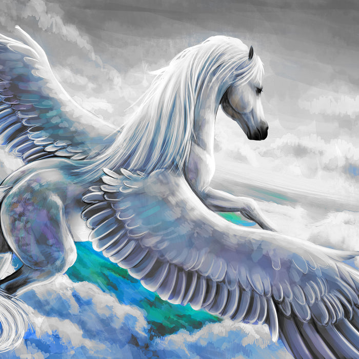 Pegasus fliegt über den Wolken, Glasbild Quadratisch