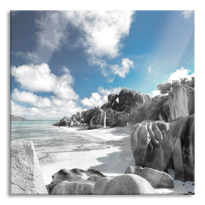 Seychellen Strand, Glasbild Quadratisch