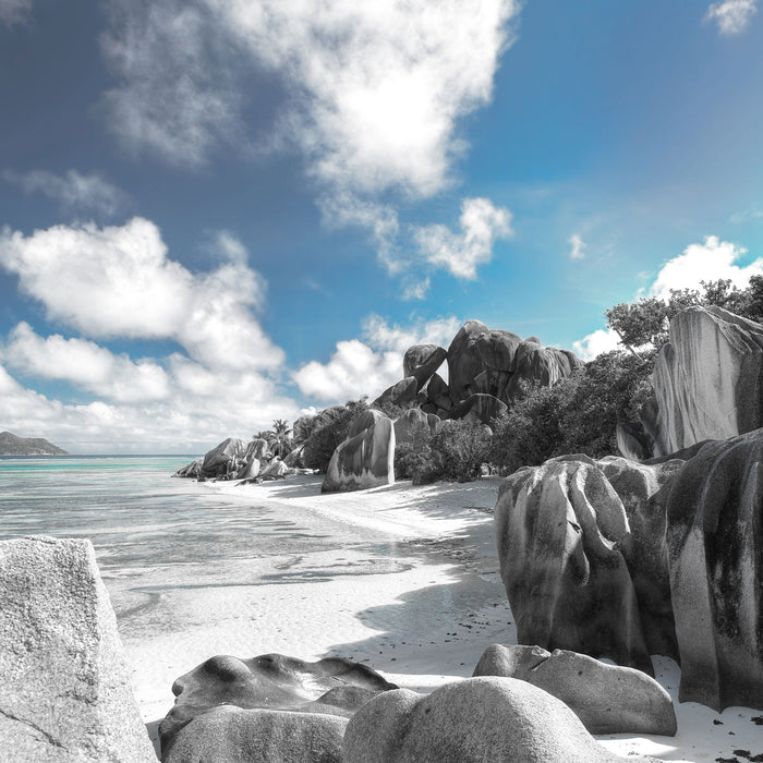 Seychellen Strand, Glasbild Quadratisch