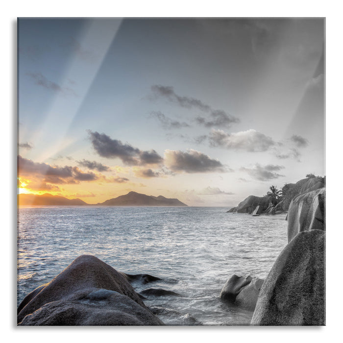 Sonnenuntergang Seychellen, Glasbild Quadratisch
