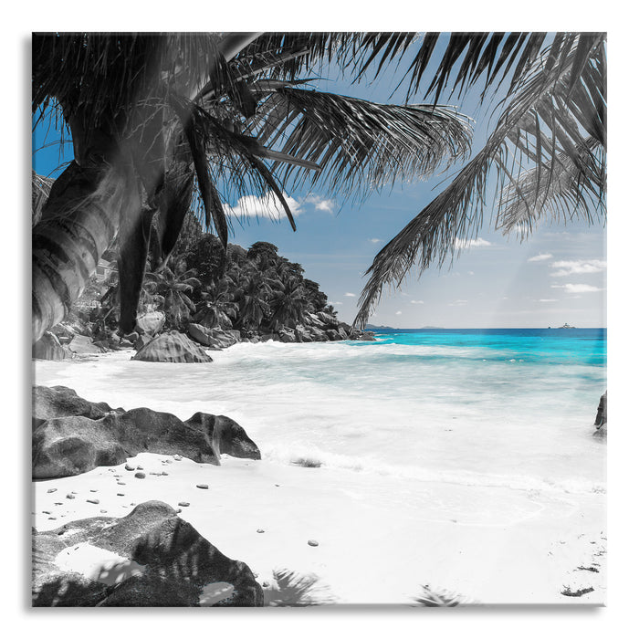 Pixxprint Palmenstrand Seychellen, Glasbild Quadratisch
