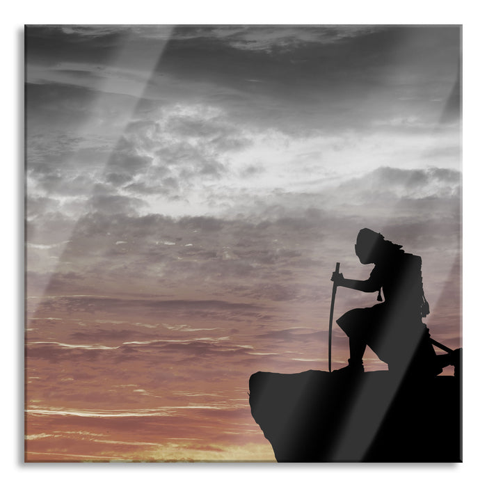 Pixxprint Samurai auf der Spitze des Berges, Glasbild Quadratisch