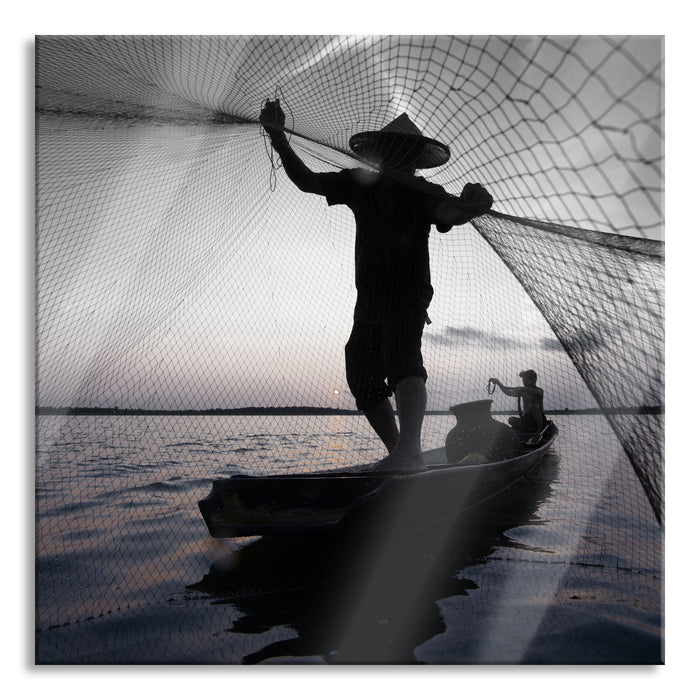 Fischer wirft sein Netz, Glasbild Quadratisch