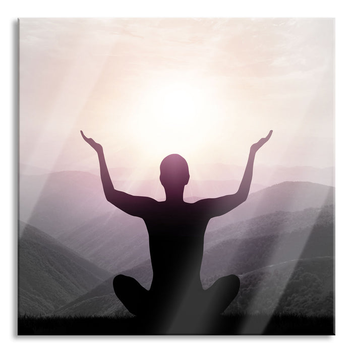 Yoga in den Bergen, Glasbild Quadratisch