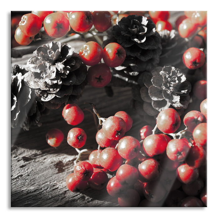 Pixxprint Vogelbeeren und Tannenzapfen, Glasbild Quadratisch