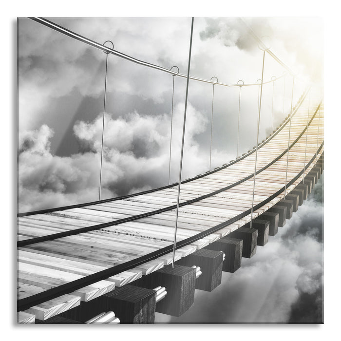 Pixxprint Hölzerne Brücke in den Wolken, Glasbild Quadratisch