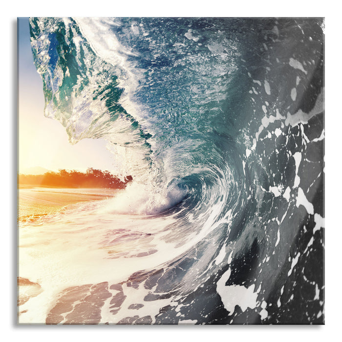 Pixxprint Riesen Welle bei Sonnenaufgang, Glasbild Quadratisch