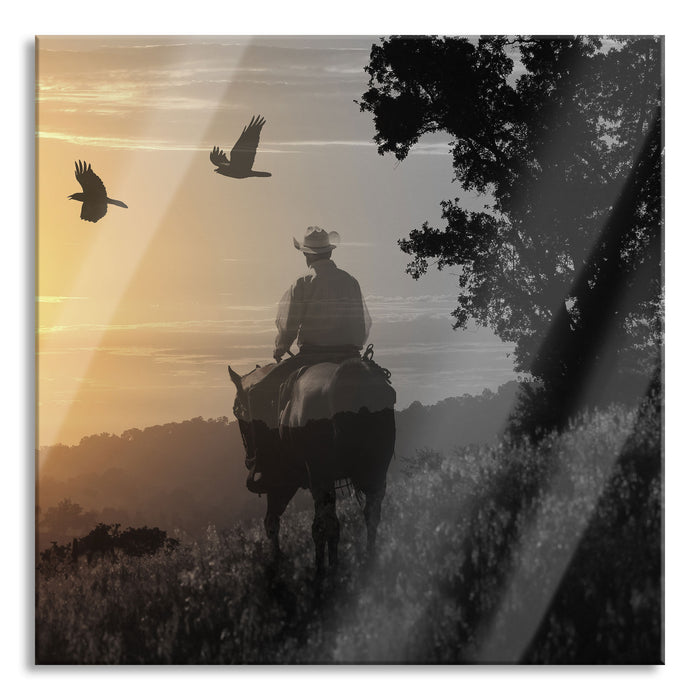 Pixxprint Ein Cowboy im Sonnenuntergang, Glasbild Quadratisch