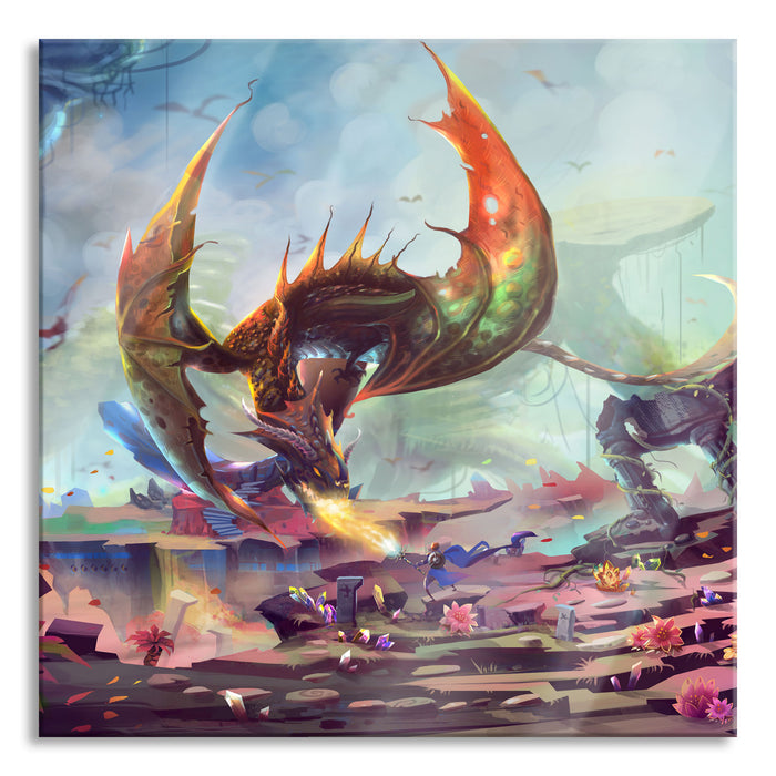 Pixxprint Kampf mit feuerspeiendem Drachen, Glasbild Quadratisch
