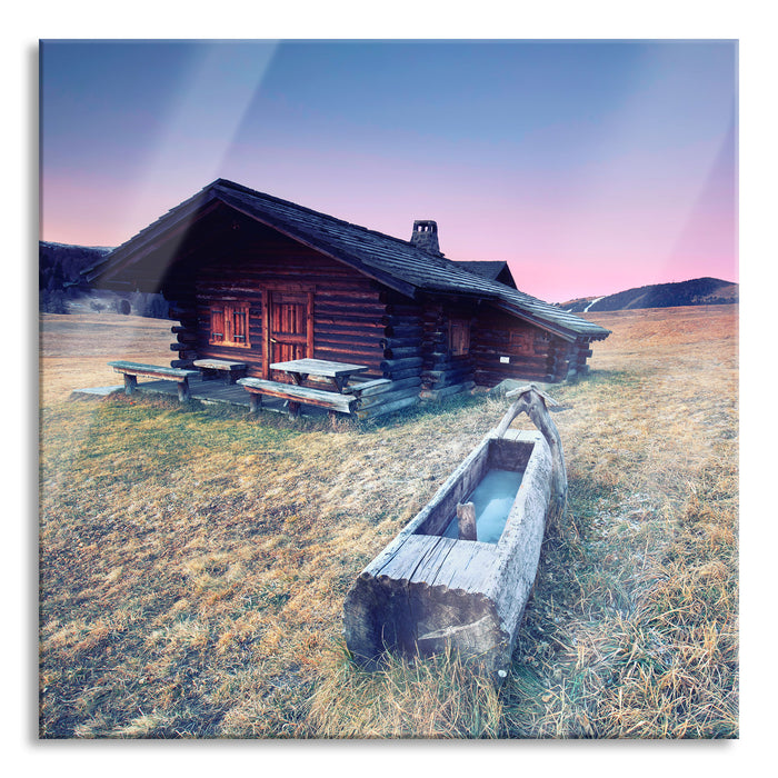 Pixxprint Blockhaus mit Wassertrog Dämmerung, Glasbild Quadratisch