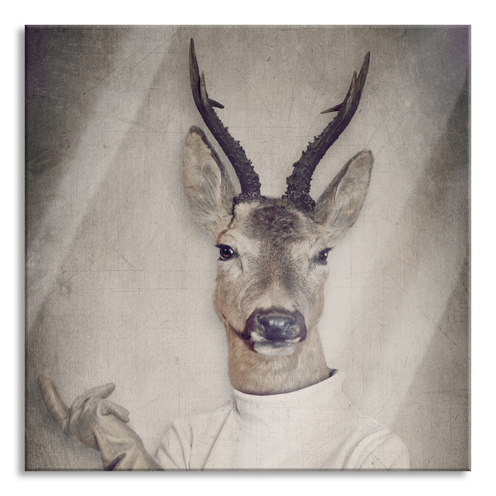 Pixxprint Hirschkopf Menschenkörper im Pullover, Glasbild Quadratisch