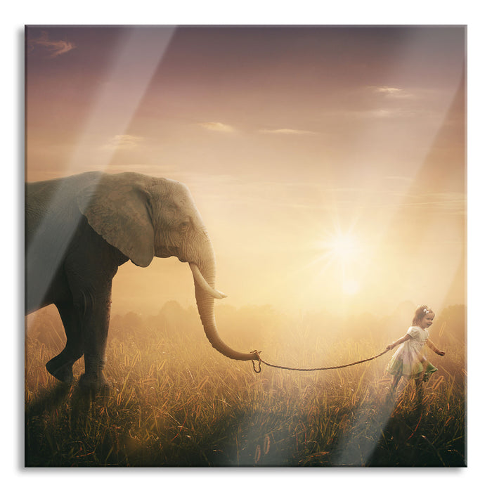 Pixxprint Kind und Elefant bei Sonnenuntergang, Glasbild Quadratisch