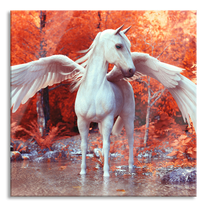 Pegasus im Fluss eines Herbstwaldes, Glasbild Quadratisch