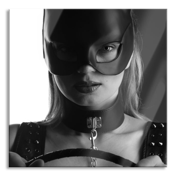 Sexy Frau mit Halsband und Hasenmaske, Glasbild Quadratisch