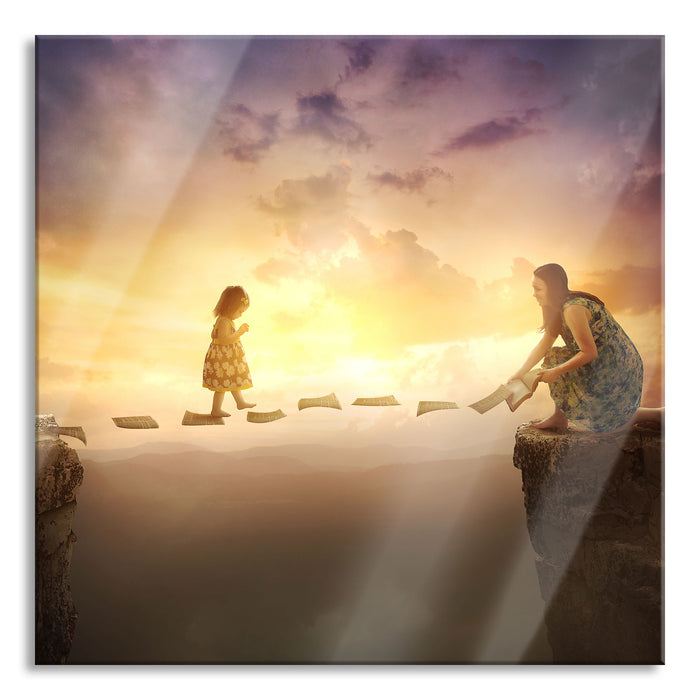 Pixxprint Kind läuft auf Papier über Abgrund, Glasbild Quadratisch