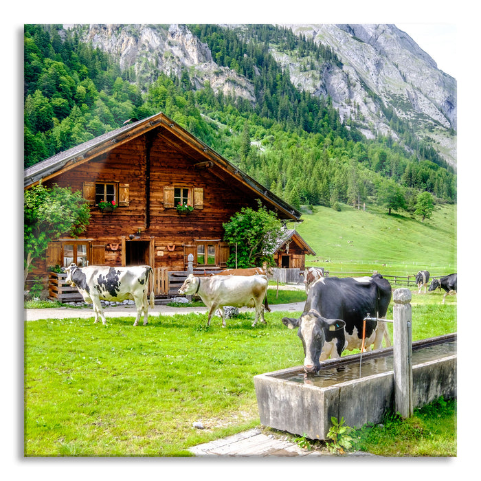 Pixxprint Kühe vor Blochhütte auf Albenweide, Glasbild Quadratisch