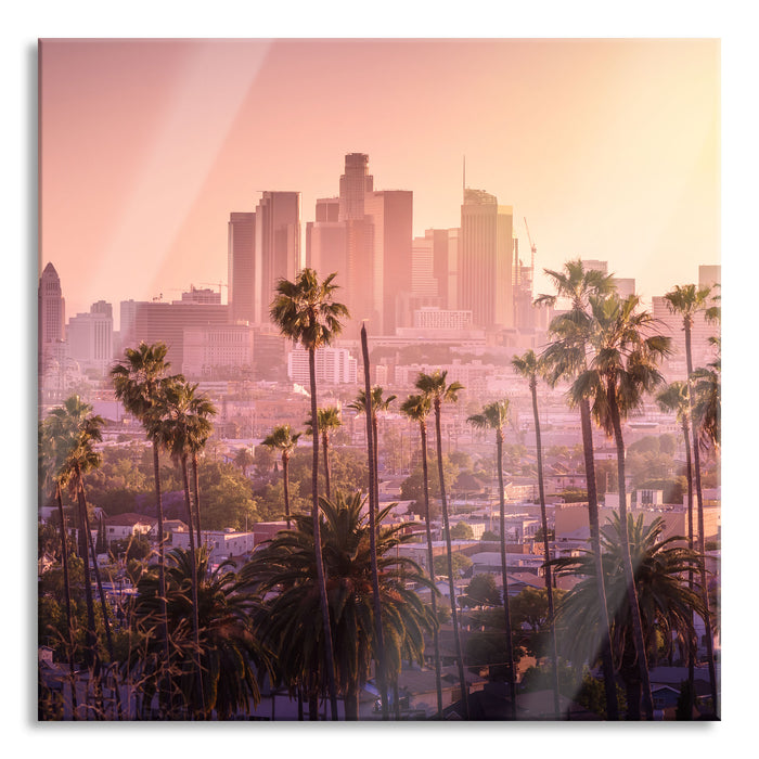 Palmen vor Skyline von Los Angeles, Glasbild Quadratisch