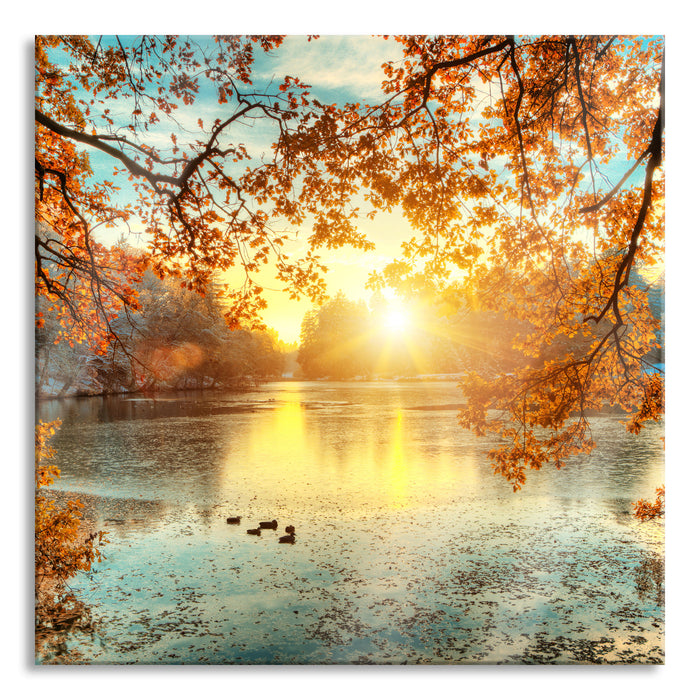 Pixxprint Herbstbäume um See bei Sonnenuntergang, Glasbild Quadratisch