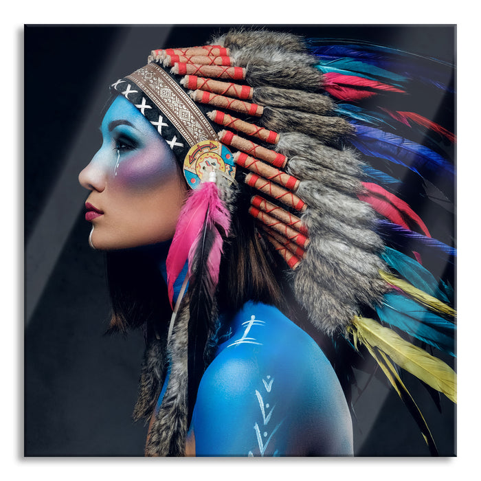 Pixxprint Frau mit buntem indianischen Kopfschmuck, Glasbild Quadratisch