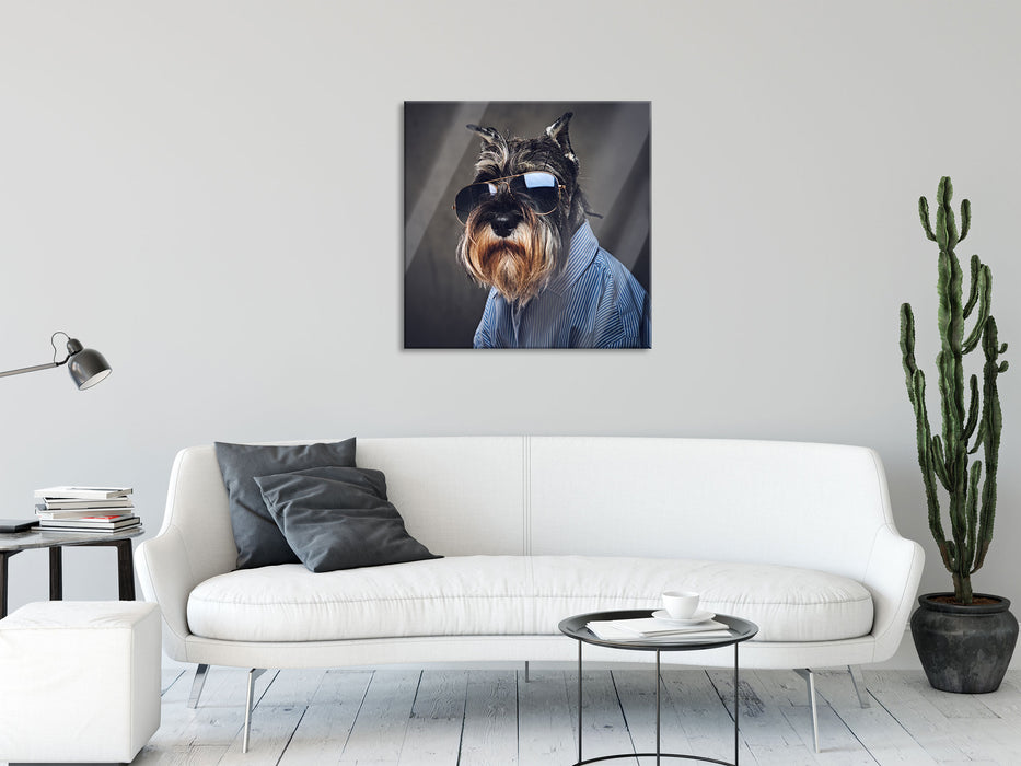 Lustiger Hund mit Hemd und Sonnenbrille, Glasbild Quadratisch