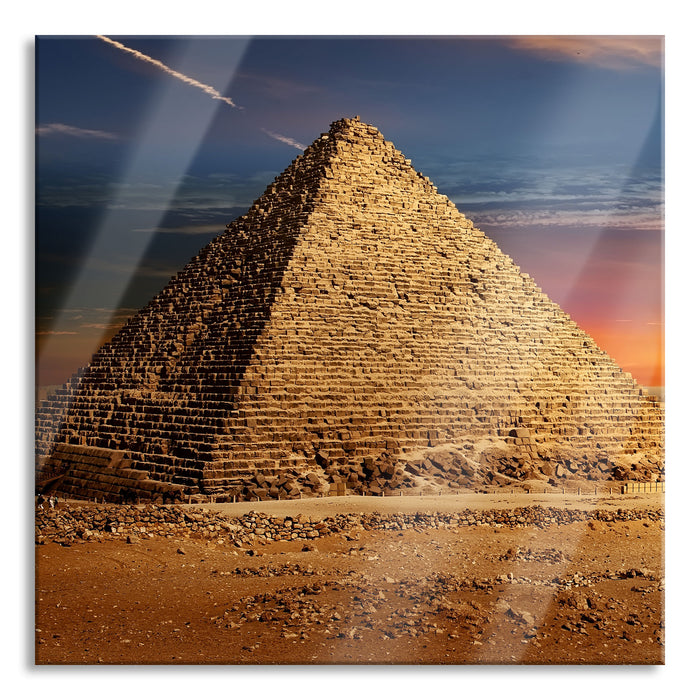 Ägyptische Pyramiden bei Sonnenuntergang, Glasbild Quadratisch