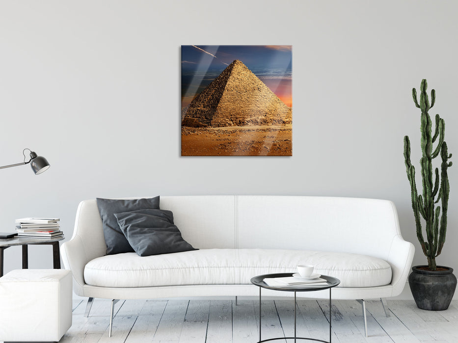 Ägyptische Pyramiden bei Sonnenuntergang, Glasbild Quadratisch