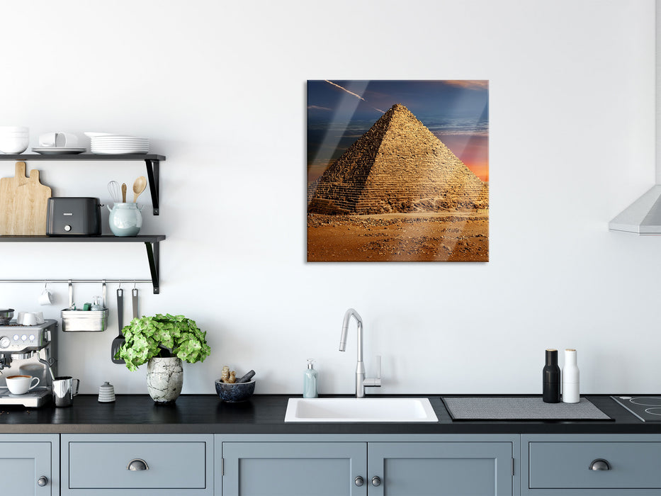 Ägyptische Pyramiden bei Sonnenuntergang, Glasbild Quadratisch