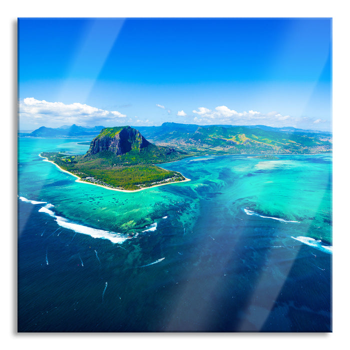 Pixxprint Blick von oben auf die Trauminsel Mauritius, Glasbild Quadratisch