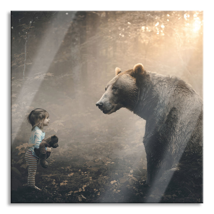 Pixxprint Mädchen mit Teddy und Bär im Wald, Glasbild Quadratisch