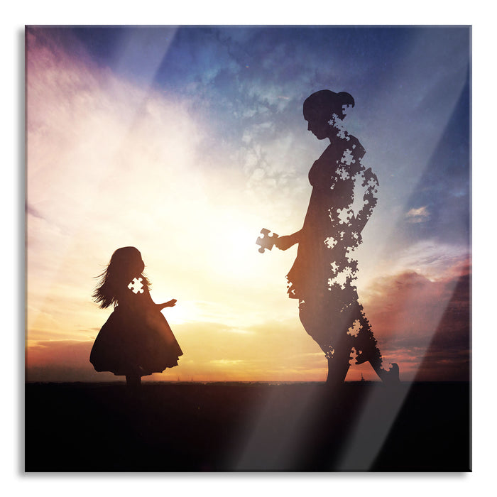 Pixxprint Silhouette Puzzle Mutter und Kind, Glasbild Quadratisch