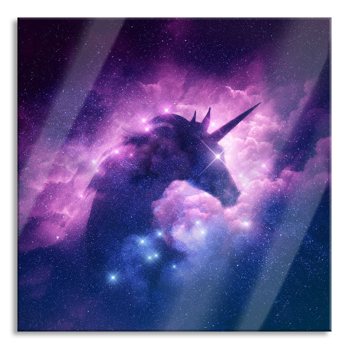 Einhorn Silhouette Galaxie, Glasbild Quadratisch