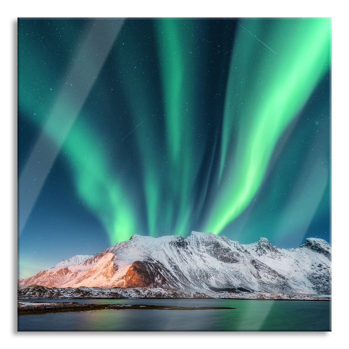 Pixxprint Nordlichter über Gletscher in Norwegen, Glasbild Quadratisch