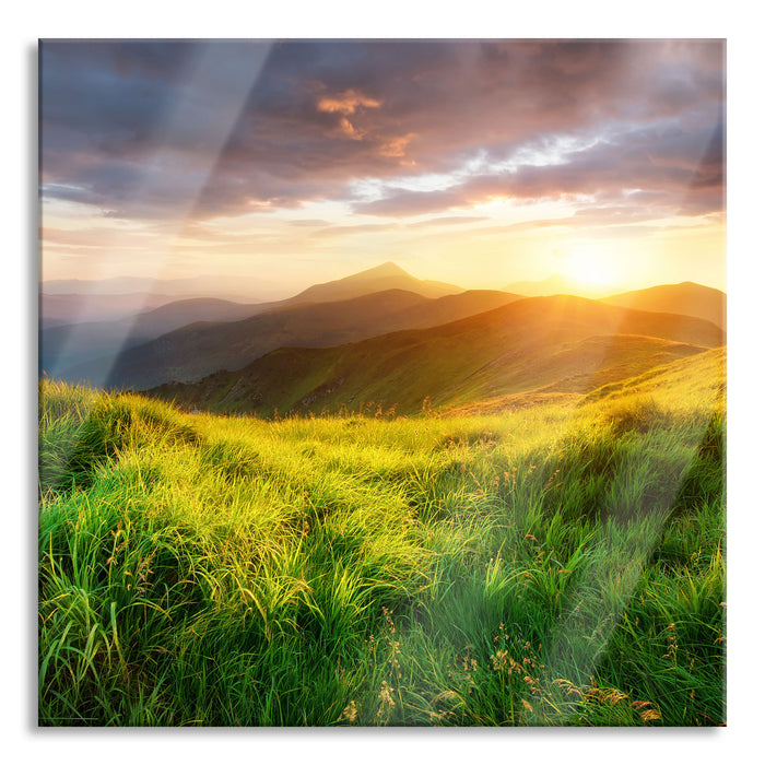 Pixxprint Sommerliche Bergwiese Sonnenuntergang, Glasbild Quadratisch