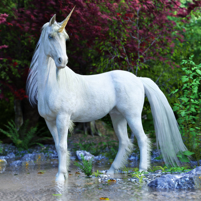 Majestätisches Einhorn in Waldsee, Glasbild Quadratisch